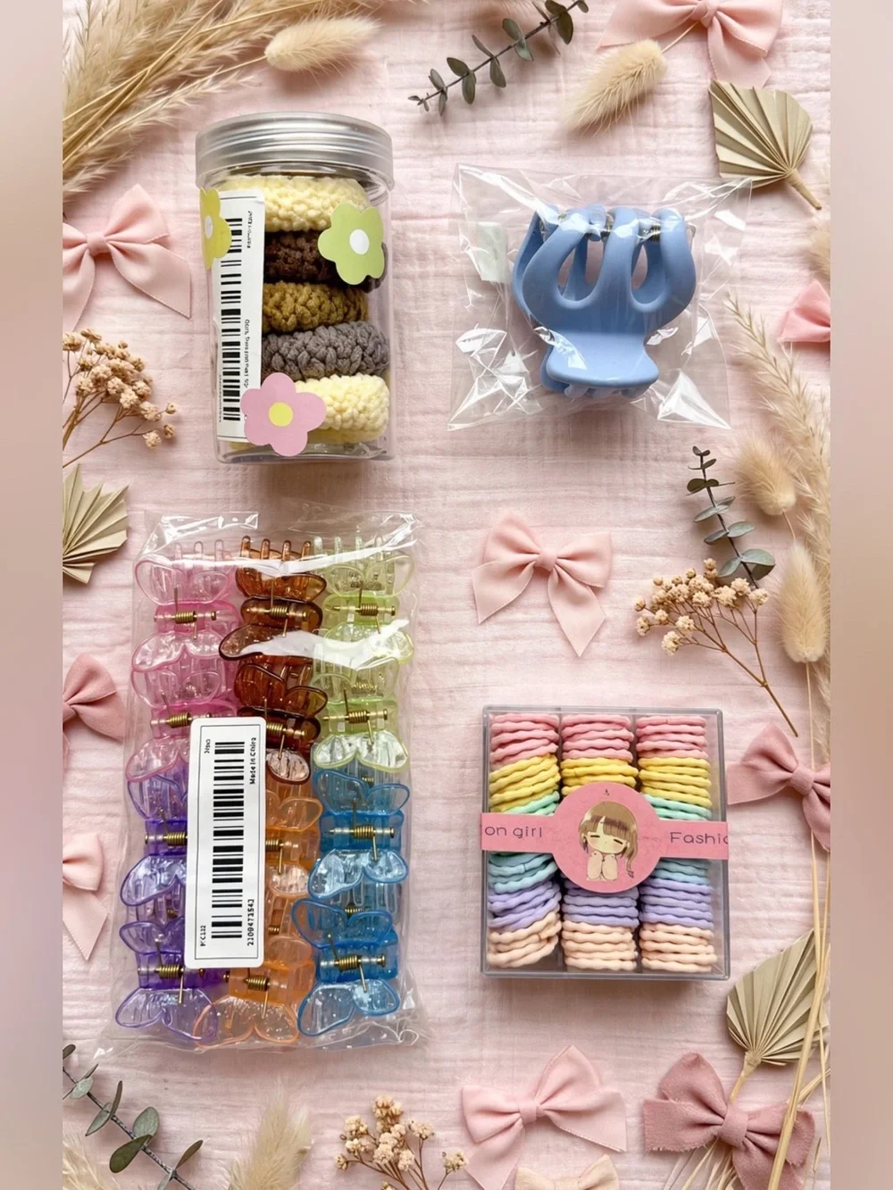 Pastel Hair Clip & Scrunchie Set - Pink, Blue, Yellow, Purple -